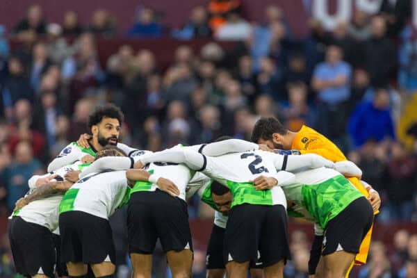 BIRMINGHAM, ENGLAND - Monday, May 13, 2024: Liverpool's Mohamed Salah during the pre-match huddle before the FA Premier League match between Aston Villa FC and Liverpool FC at Villa Park. (Photo by David Rawcliffe/Propaganda)