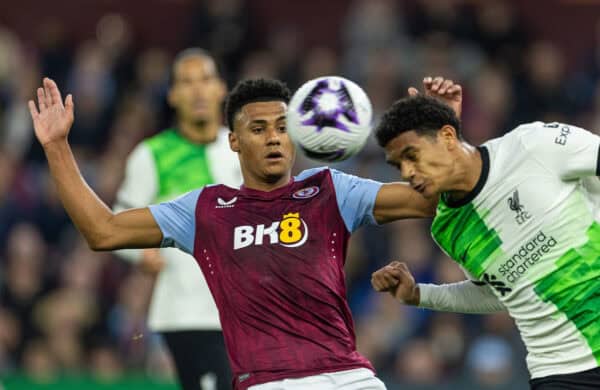 BIRMINGHAM, ENGLAND - Monday, May 13, 2024: Aston Villa's Ollie Watkins (L) and Liverpool's Jarell Quansah during the FA Premier League match between Aston Villa FC and Liverpool FC at Villa Park. (Photo by David Rawcliffe/Propaganda)