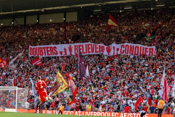 LIVERPOOL, ENGLAND - Saturday, May 18, 2024: Liverpool su"porters' banner "Doubters Believers Conqurers| during the FA Premier League match between Liverpool FC and Wolverhampton Wanderers FC at Anfield. (Photo by David Rawcliffe/Propaganda)