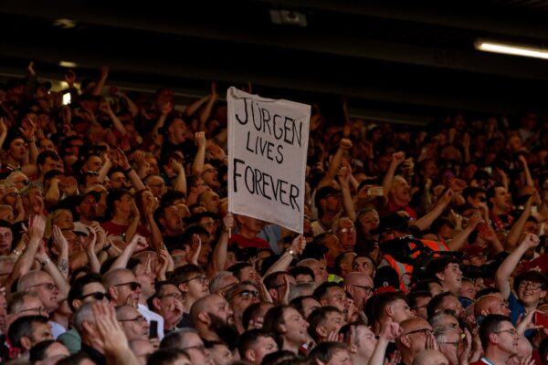 LIVERPOOL, ENGLAND - Saturday, May 18, 2024: Liverpool supporters' banner "Jürgen Lives Forever" mimicing a banner about Bill Shankly during the FA Premier League match between Liverpool FC and Wolverhampton Wanderers FC at Anfield. (Photo by David Rawcliffe/Propaganda)
