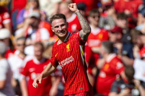 LIVERPOOL, ENGLAND - Saturday, May 18, 2024: Liverpool's Alexis Mac Allister celebrates after scoring the opening goal during the FA Premier League match between Liverpool FC and Wolverhampton Wanderers FC at Anfield. (Photo by David Rawcliffe/Propaganda)