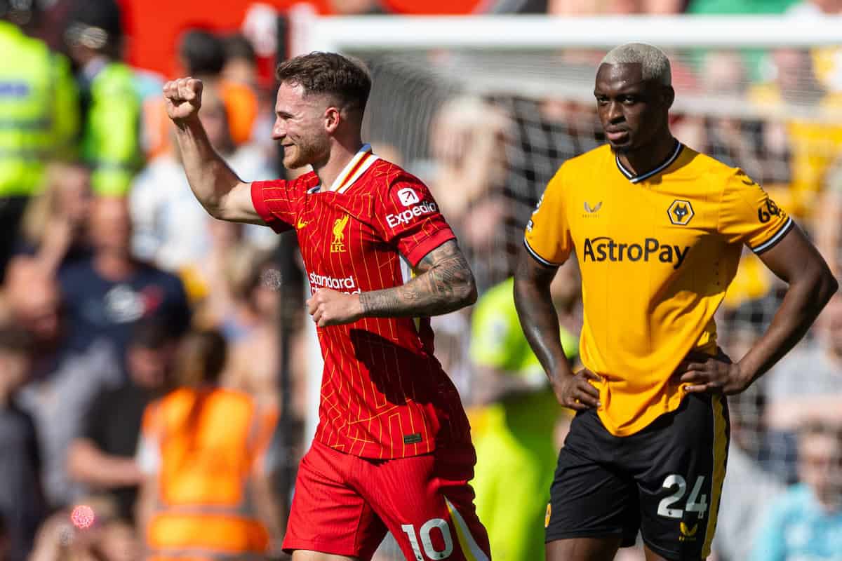 LIVERPOOL, ENGLAND - Saturday, May 18, 2024: Liverpool's Alexis Mac Allister celebrates after scoring the opening goal during the FA Premier League match between Liverpool FC and Wolverhampton Wanderers FC at Anfield. (Photo by David Rawcliffe/Propaganda)