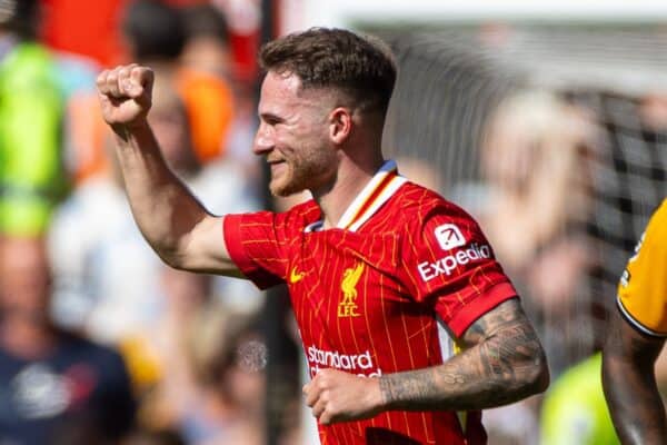 LIVERPOOL, ENGLAND - Saturday, May 18, 2024: Liverpool's Alexis Mac Allister celebrates after scoring the opening goal during the FA Premier League match between Liverpool FC and Wolverhampton Wanderers FC at Anfield. (Photo by David Rawcliffe/Propaganda)