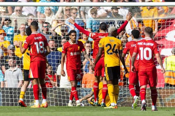 LIVERPOOL, ENGLAND - Saturday, May 18, 2024: Liverpool's Jarell Quansah celebrates after scoring the second goal during the FA Premier League match between Liverpool FC and Wolverhampton Wanderers FC at Anfield. (Photo by David Rawcliffe/Propaganda)