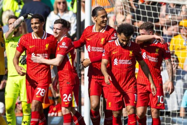 LIVERPOOL, ENGLAND - Saturday, May 18, 2024: Liverpool's Jarell Quansah celebrates after scoring the second goal during the FA Premier League match between Liverpool FC and Wolverhampton Wanderers FC at Anfield. (Photo by David Rawcliffe/Propaganda)