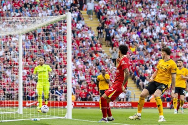 LIVERPOOL, ENGLAND - Saturday, May 18, 2024: Liverpool's Luis Díaz sees his shot bounce out of the goal during the FA Premier League match between Liverpool FC and Wolverhampton Wanderers FC at Anfield. (Photo by David Rawcliffe/Propaganda)