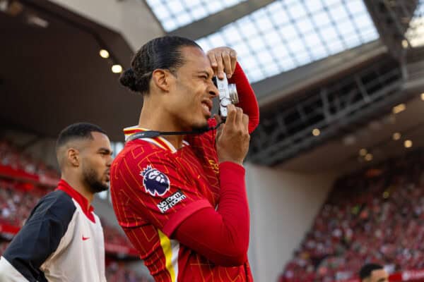 LIVERPOOL, ENGLAND - Saturday, May 18, 2024: Liverpool's captain Virgil van Dijk takes a photo during the FA Premier League match between Liverpool FC and Wolverhampton Wanderers FC at Anfield. (Photo by David Rawcliffe/Propaganda)