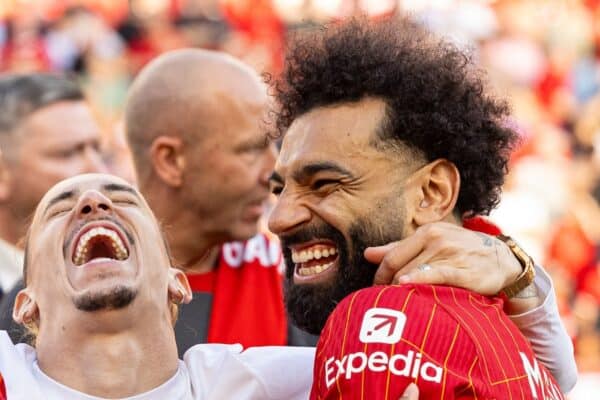 LIVERPOOL, ENGLAND - Saturday, May 18, 2024: Liverpool's Thiago Alcântara, Kostas Tsimikas and Mohamed Salah after the FA Premier League match between Liverpool FC and Wolverhampton Wanderers FC at Anfield. (Photo by David Rawcliffe/Propaganda)