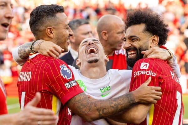 LIVERPOOL, ENGLAND - Saturday, May 18, 2024: Liverpool's Thiago Alcântara, Kostas Tsimikas and Mohamed Salah after the FA Premier League match between Liverpool FC and Wolverhampton Wanderers FC at Anfield. (Photo by David Rawcliffe/Propaganda)