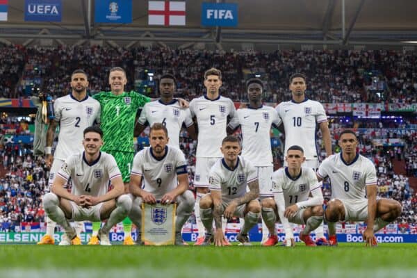 GELSENKIRCHEN, GERMANY - Sunday, June 16, 2024: England players line-up for a team group photograph before the UEFA Euro 2024 Group C match between Serbia and England at the Arena AufSchalke. (Photo by David Rawcliffe/Propaganda)