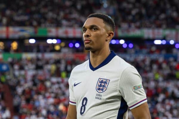 GELSENKIRCHEN, GERMANY - Sunday, June 16, 2024: England's Trent Alexander-Arnold during the UEFA Euro 2024 Group C match between Serbia and England at the Arena AufSchalke. (Photo by David Rawcliffe/Propaganda)
