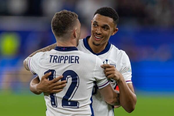 GELSENKIRCHEN, GERMANY - Sunday, June 16, 2024: England's Trent Alexander-Arnold (R) celebrates with team-mate Kieran Trippier after the UEFA Euro 2024 Group C match between Serbia and England at the Arena AufSchalke. England won 1-0. (Photo by David Rawcliffe/Propaganda)