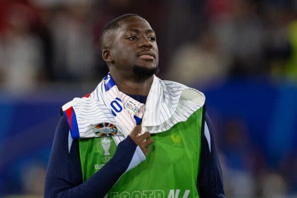 DÜSSELDORF, GERMANY - Monday, June 17, 2024: France's Ibrahima Konaté celebrates after the UEFA Euro 2024 Group D match between Austria and France at the Düsseldorf Arena. (Photo by David Rawcliffe/Propaganda)