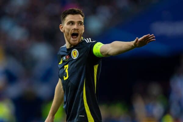 COLOGNE, GERMANY - Wednesday, June 19, 2024: Scotland's captain Andy Robertson during the UEFA Euro 2024 Group A match between Scotland and Switzerland at the Müngersdorfer Stadium. (Photo by David Rawcliffe/Propaganda)
