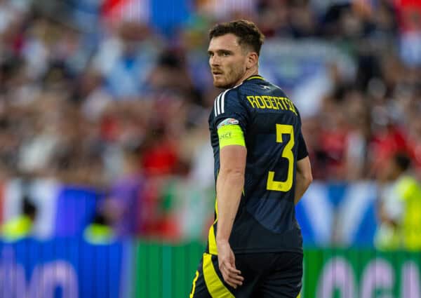 COLOGNE, GERMANY - Wednesday, June 19, 2024: Scotland's captain Andy Robertson during the UEFA Euro 2024 Group A match between Scotland and Switzerland at the Müngersdorfer Stadium. (Photo by David Rawcliffe/Propaganda)