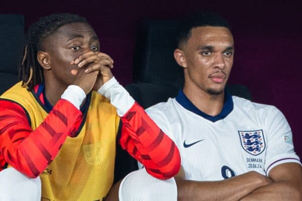 FRANKFURT, GERMANY - Thursday, June 20, 2024: England's Trent Alexander-Arnold on the bench after being substituted during the UEFA Euro 2024 Group C match between Denmark and England at the Waldstadion. (Photo by David Rawcliffe/Propaganda)