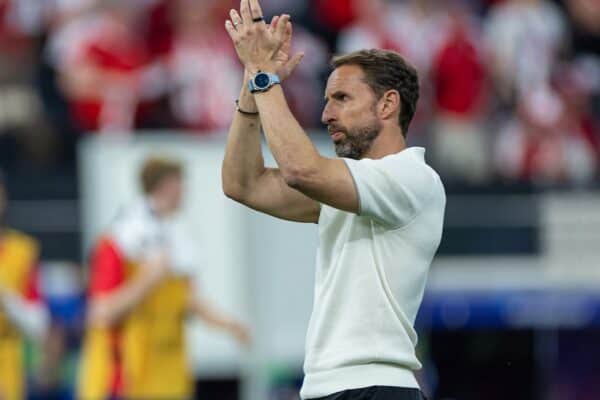 FRANKFURT, GERMANY - Thursday, June 20, 2024: England's head coach Gareth Southgate applauds the supporters after the UEFA Euro 2024 Group C match between Denmark and England at the Waldstadion. The game ended in a 1-1 draw. (Photo by David Rawcliffe/Propaganda)