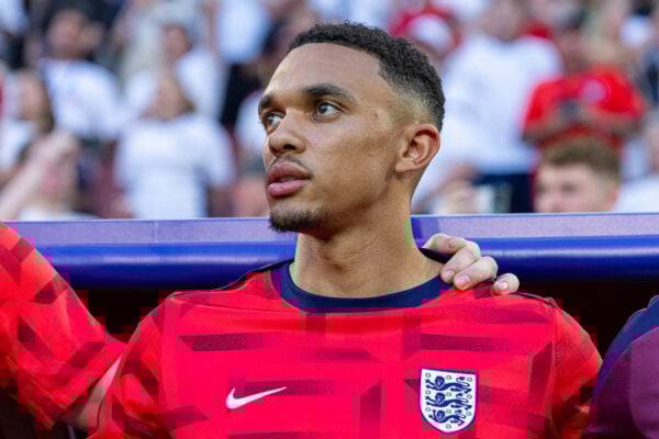 COLOGNE, GERMANY - Tuesday, June 25, 2024: England's substitute Trent Alexander-Arnold on the bench before the UEFA Euro 2024 Group C match between England and Slovenia at the Müngersdorfer Stadium. (Photo by David Rawcliffe/Propaganda)