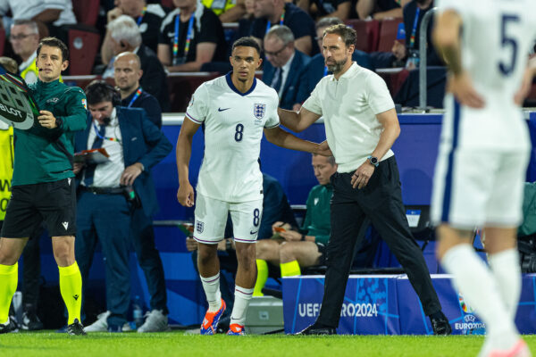 COLOGNE, GERMANY - Tuesday, June 25, 2024: England's substitute Trent Alexander-Arnold is brought on by head coach Gareth Southgate during the UEFA Euro 2024 Group C match between England and Slovenia at the Müngersdorfer Stadium. (Photo by David Rawcliffe/Propaganda)
