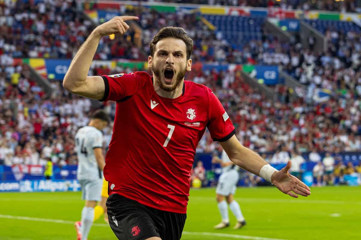 GELSENKIRCHEN, GERMANY - Wednesday, June 26, 2024: Georgia's Khvicha Kvaratskhelia celebrates after scoring the opening goal during the UEFA Euro 2024 Group F match between Georgia and Portugal at the Arena AufSchalke. (Photo by David Rawcliffe/Propaganda)