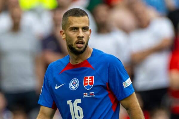 GELSENKIRCHEN, GERMANY - Sunday, June 30, 2024: Slovakia's Dávid Hancko during the UEFA Euro 2024 Round of 16 match between England and Slovakia at the Arena AufSchalke. (Photo by David Rawcliffe/Propaganda)