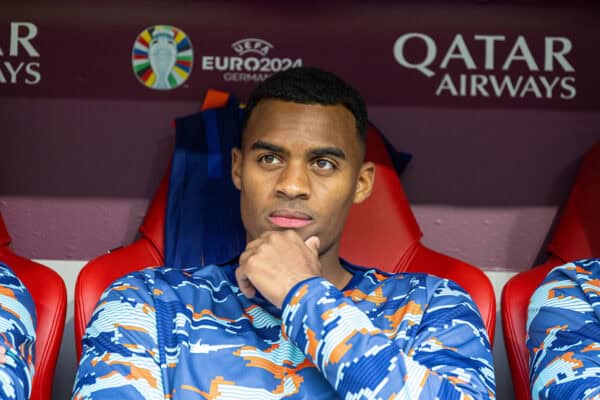 MUNICH, GERMANY - Tuesday, July 2, 2024: Netherlands' substitute Ryan Gravenberch on the bench during the UEFA Euro 2024 Round of 16 match between Romania and the Netherlands at the Allianz Arena. (Photo by David Rawcliffe/Propaganda)