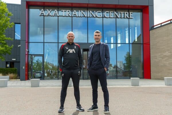KIRKBY, ENGLAND - Friday, July 5, 2024: Liverpool's new head coach Arne Slott (L) and Sporting Director Richard Hughes are presented at a photo call at the club's AXA Training Centre. (Photo by David Rawcliffe/Propaganda)