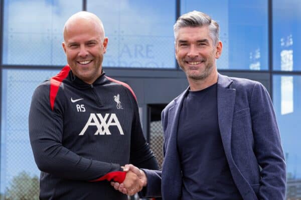KIRKBY, ENGLAND - Friday, July 5, 2024: Liverpool's new head coach Arne Slott (L) and Sporting Director Richard Hughes are presented at a photo call at the club's AXA Training Centre. (Photo by David Rawcliffe/Propaganda)