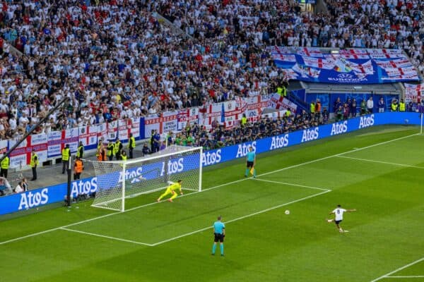 DÜSSELDORF, GERMANY - Saturday, July 6, 2024: England's Trent Alexander-Arnold score his side's winning fifth penalty of the shoor-out during the UEFA Euro 2024 Quarter-Final match between England and Switzerland at the Düsseldorf Arena. The game ended 1-1 after extra-time, England won 5-3 on penalties. (Photo by David Rawcliffe/Propaganda)