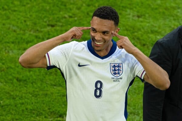 DÜSSELDORF, GERMANY - Saturday, July 6, 2024: England's Trent Alexander-Arnold celebrates after scoring the winning fifth penalty of the shoot-out during the UEFA Euro 2024 Quarter-Final match between England and Switzerland at the Düsseldorf Arena. The game ended 1-1 after extra-time, England won 5-3 on penalties. (Photo by David Rawcliffe/Propaganda)