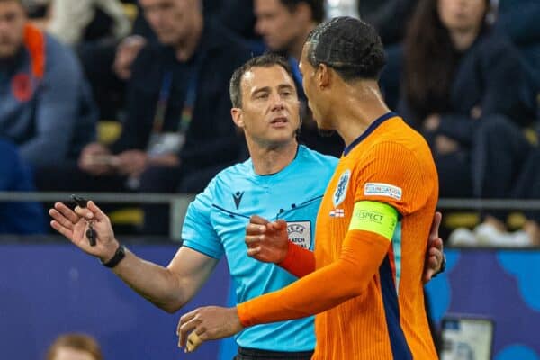 DORTMUND, GERMANY - Wednesday, July 10, 2024: Referee Felix Zwayer speaks with Netherlands' captain Virgil van Dijk as he awards a penalty to England during the UEFA Euro 2024 Semi-Final match between Netherlands and England at the Westfalenstadion. (Photo by David Rawcliffe/Propaganda)