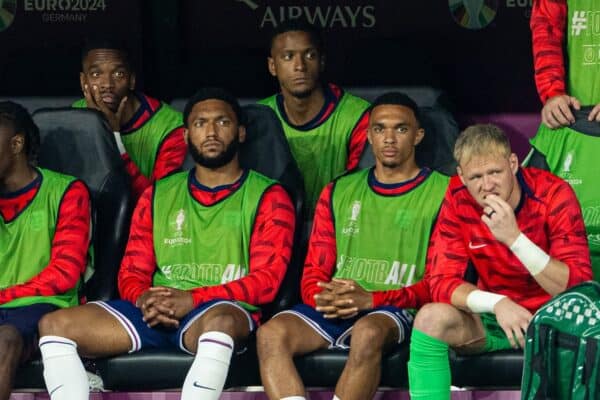 DORTMUND, GERMANY - Wednesday, July 10, 2024: England's substitutes Joe Gomez (L) and Liverpool team-mate Trent Alexander-Arnold (R) on the bench during the UEFA Euro 2024 Semi-Final match between Netherlands and England at the Westfalenstadion. (Photo by David Rawcliffe/Propaganda)
