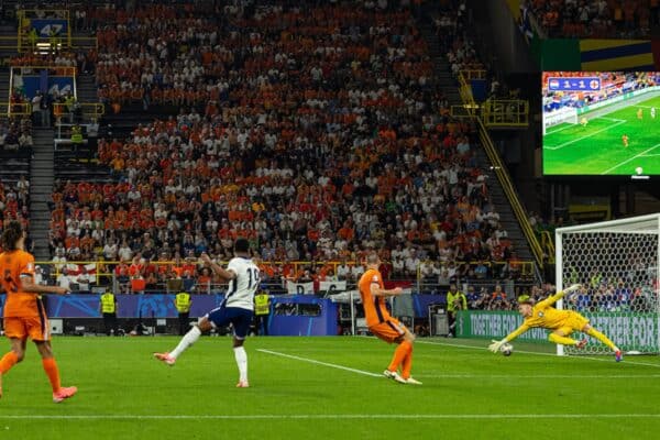 DORTMUND, GERMANY - Wednesday, July 10, 2024: England's Ollie Watkins scores his side's second goal in injury-time during the UEFA Euro 2024 Semi-Final match between Netherlands and England at the Westfalenstadion. (Photo by David Rawcliffe/Propaganda)