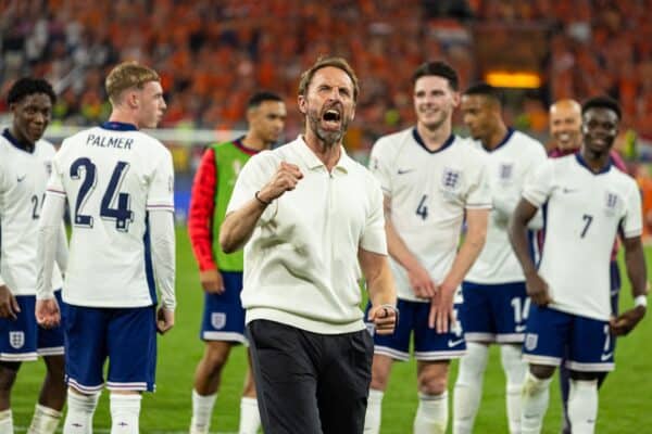 DORTMUND, GERMANY - Wednesday, July 10, 2024: England's head coach Gareth Southgate celebrates after the UEFA Euro 2024 Semi-Final match between Netherlands and England at the Westfalenstadion. England won 2-1. (Photo by David Rawcliffe/Propaganda)