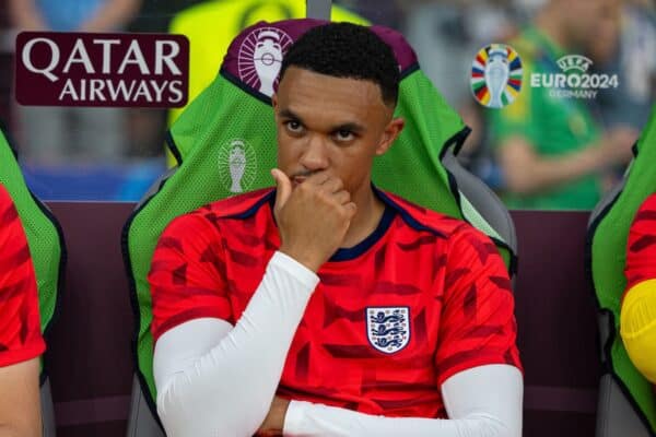 BERLIN, GERMANY - Sunday, July 14, 2024: England's substitute Trent Alexander-Arnold on the bench before the UEFA Euro 2024 Final match between Spain and England at the Olympiastadion. (Photo by David Rawcliffe/Propaganda)