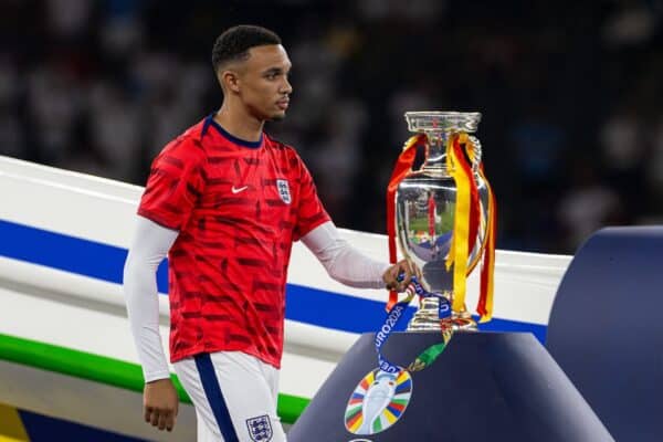 BERLIN, GERMANY - Sunday, July 14, 2024: England's Trent Alexander-Arnold looks dejected as he walks past the trophy after the UEFA Euro 2024 Final match between Spain and England at the Olympiastadion. Spain won 2-1. (Photo by David Rawcliffe/Propaganda)