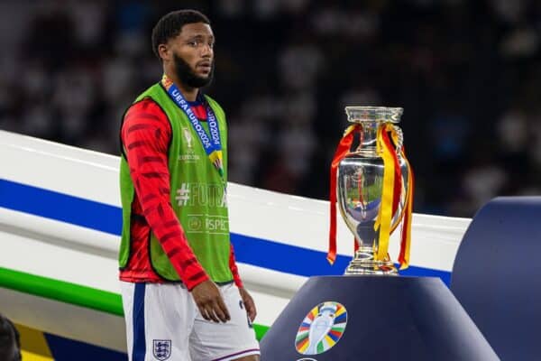 BERLIN, GERMANY - Sunday, July 14, 2024: England's Joe Gomez looks dejected as he walks past the trophy after the UEFA Euro 2024 Final match between Spain and England at the Olympiastadion. Spain won 2-1. (Photo by David Rawcliffe/Propaganda)