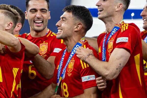 BERLIN, GERMANY - Sunday, July 14, 2024: Spain's Martin Zubimendi celebrate with the trophy after the UEFA Euro 2024 Final match between Spain and England at the Olympiastadion. (Photo by David Rawcliffe/Propaganda)