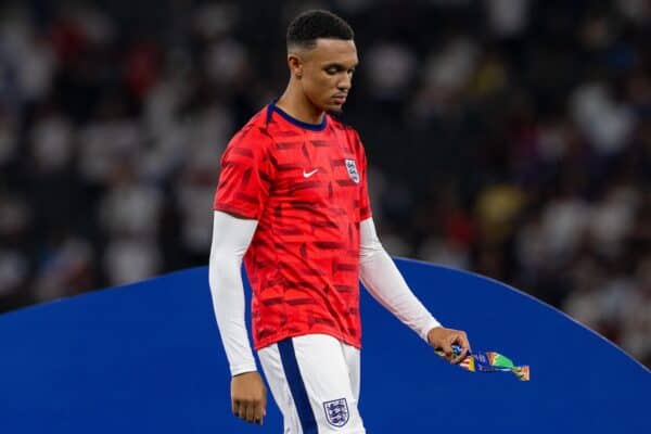 BERLIN, GERMANY - Sunday, July 14, 2024: England's Trent Alexander-Arnold looks dejected as he walks off the podium with his runners-up medal after the UEFA Euro 2024 Final match between Spain and England at the Olympiastadion. (Photo by David Rawcliffe/Propaganda)
