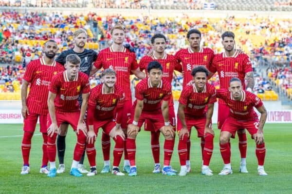 PITTSBURGH - Friday, July 26, 2024: Liverpool players line-up for a team group photograph before a pre-season friendly match between Liverpool and Real Betis Balompié at the Acrisure Stadium on day three of the club's pre-season tour of the USA. (Photo by David Rawcliffe/Propaganda)