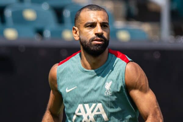 PHILADELPHIA - Sunday, July 28, 2024: Liverpool's Mohamed Salah during an open training session at Lincoln Financial Field on day five of the club's pre-season tour of the USA. (Photo by David Rawcliffe/Propaganda)