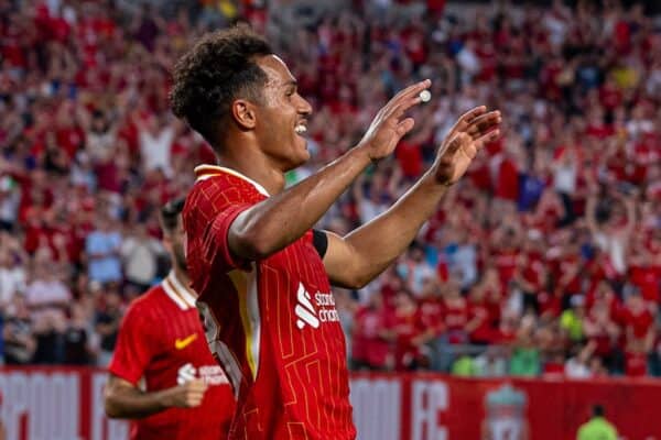 PHILADELPHIA - Wednesday, July 31, 2024: Liverpool's Fábio Carvalho celebrates after scoring the second goal during a pre-season friendly match between Liverpool FC and Arsenal FC at the Lincoln Financial Field on day eight of the club's pre-season tour of the USA. (Photo by David Rawcliffe/Propaganda)