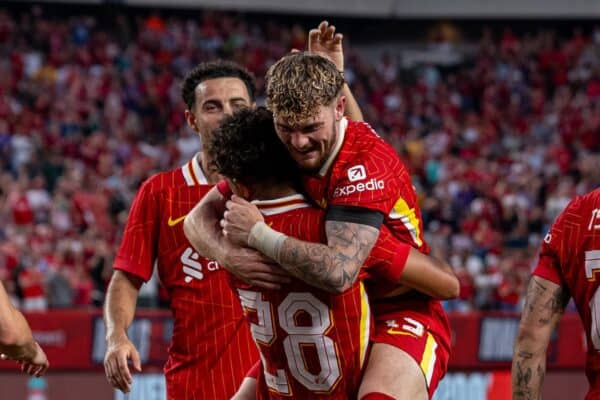 PHILADELPHIA - Wednesday, July 31, 2024: Liverpool's Fábio Carvalho (L) celebrates with team-mate Harvey Elliott after scoring the second goal during a pre-season friendly match between Liverpool FC and Arsenal FC at the Lincoln Financial Field on day eight of the club's pre-season tour of the USA. (Photo by David Rawcliffe/Propaganda)
