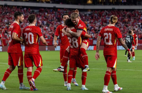 PHILADELPHIA - Wednesday, July 31, 2024: Liverpool's Fábio Carvalho (L) celebrates with team-mate Harvey Elliott after scoring the second goal during a pre-season friendly match between Liverpool FC and Arsenal FC at the Lincoln Financial Field on day eight of the club's pre-season tour of the USA. (Photo by David Rawcliffe/Propaganda)