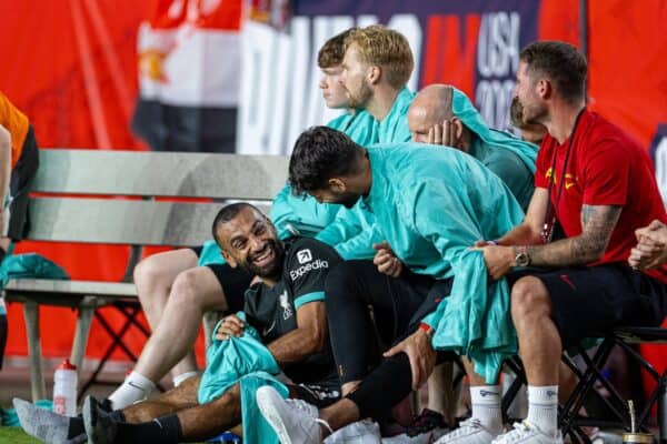 COLUMBIA - Saturday, August 3, 2024: Liverpool's Mohamed Salah (L) laughs with Dominik Szoboszlai during a pre-season friendly match between Liverpool FC and Manchester United FC at the Williams-Brice Stadium on day eleven of the club's pre-season tour of the USA. (Photo by David Rawcliffe/Propaganda)