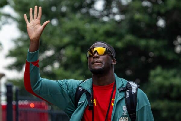 COLUMBIA - Saturday, August 3, 2024: Liverpool's Ibrahima Konaté arrives before a pre-season friendly match between Liverpool FC and Manchester United FC at the Williams-Brice Stadium on day eleven of the club's pre-season tour of the USA. (Photo by David Rawcliffe/Propaganda)
