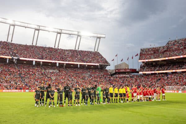 COLUMBIA - Saturday, August 3, 2024: The players line-up before a pre-season friendly match between Liverpool FC and Manchester United FC at the Williams-Brice Stadium on day eleven of the club's pre-season tour of the USA. (Photo by David Rawcliffe/Propaganda)