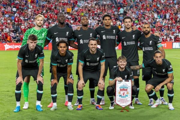 COLUMBIA - Saturday, August 3, 2024: Liverpool players line-up for a team group photograph before a pre-season friendly match between Liverpool FC and Manchester United FC at the Williams-Brice Stadium on day eleven of the club's pre-season tour of the USA. (Photo by David Rawcliffe/Propaganda)