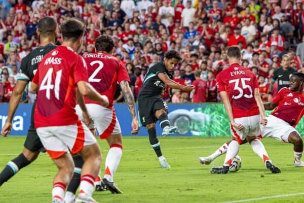 COLUMBIA - Saturday, August 3, 2024: Liverpool's Fábio Carvalho scores the first goal during a pre-season friendly match between Liverpool FC and Manchester United FC at the Williams-Brice Stadium on day eleven of the club's pre-season tour of the USA. (Photo by David Rawcliffe/Propaganda)