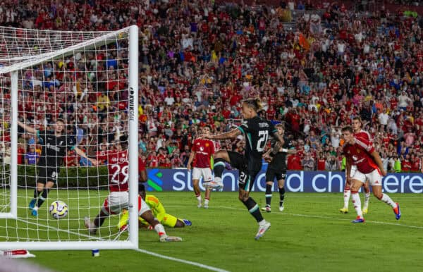 COLUMBIA - Saturday, August 3, 2024: Liverpool's Kostas Tsimikas scores the third goal during a pre-season friendly match between Liverpool FC and Manchester United FC at the Williams-Brice Stadium on day eleven of the club's pre-season tour of the USA. (Photo by David Rawcliffe/Propaganda)